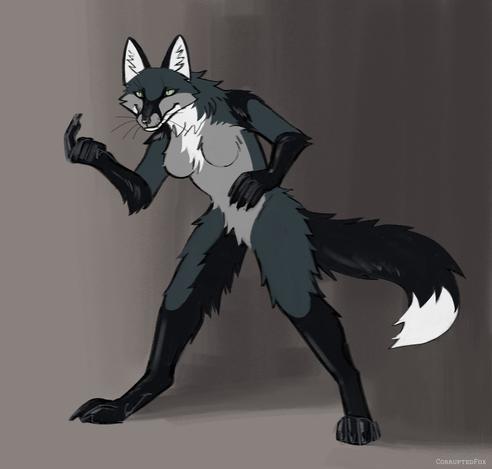 An anthropomorphic vixen bending slightly over and luring someone off-screen. Digitally drawn.
