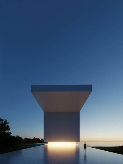 A 3D rendering showing a person walking towards a large, illuminated modern structure at dusk, with a clear sky above.