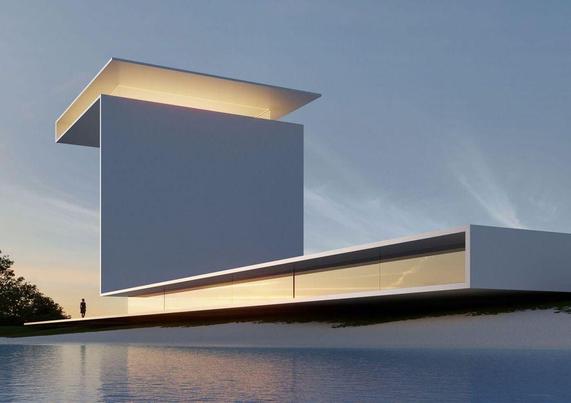 A 3D rendering showing a person standing next to a modern architectural structure with geometric shapes, featuring a tall rectangular block and a flat extended section, set against a twilight sky beside a reflective water surface.