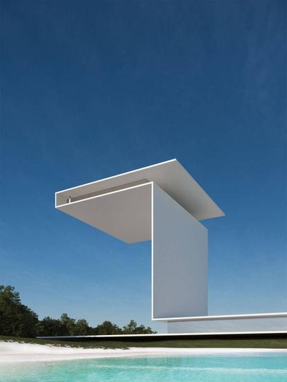 A 3D rendering of a modern architectural structure with a large cantilevered section over a pool or water feature, set against a clear blue sky.