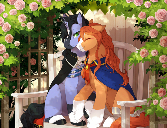 A lilac and black unicorn and a orange pony cuddling and holding hooves. They are sitting on a white chair, under an arch of flowers.
