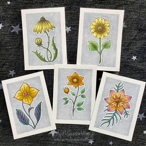 Photo of Five trading-card-size flower illustrations from Johanna Basford’s “30 Days of Flowers” printables, colored by MysticSparkleWings with Ohuhu Honolulu markers, Schpirerr Farben Colored Pencils, and white gel pen.