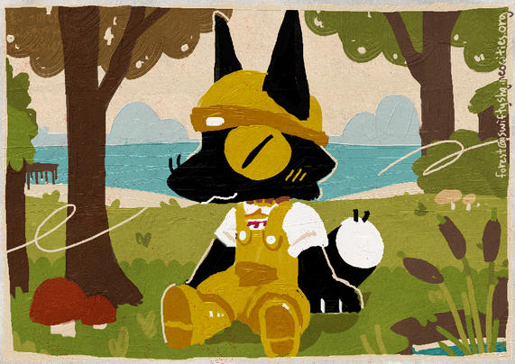 a digital painting of an animal crossing styled black fox furry in yellow overalls and a yellow beanie. they are sitting relaxed  beside the lake. the ocean can be seen in the distance.
