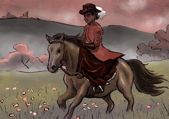 A young Esther in a red outfit and a hat is riding sidesaddle a brown poney through a grassy landscape with pink flowers and hills in the background. The sky is painted in shades of pink and gray.