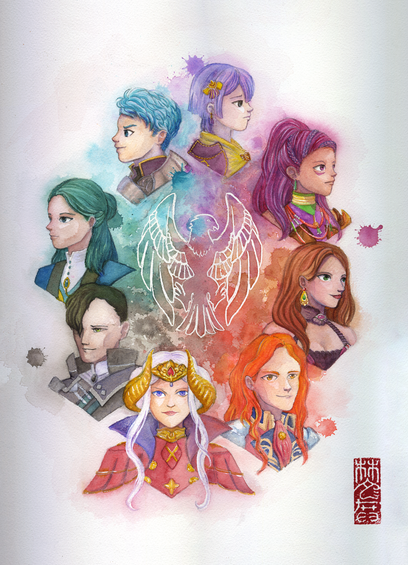 Watercolour painting of the Black Eagles, a set of characters from Fire Emblem: Three Houses. The characters are arranged in an elliptical composition, with just the bust of each character depicted. Splatters of paint around the characters bleed into each other, forming a sort of colour wheel.