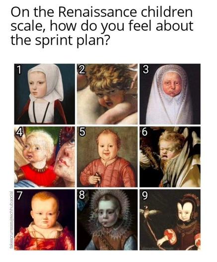 Grid of medieval paintings of children. Each one is numbered.
Caption: On the Renaissance children scale, how do you feel about the sprint plan?