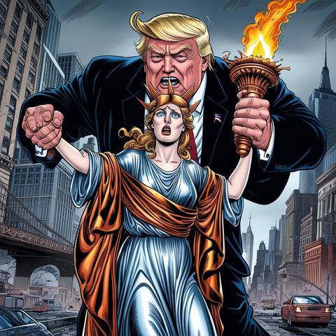 In a comic book style illustration, a gigantic Donald Trump looming large over the cityscape, his massive hands grasping Lady Liberty's slender waist, pulling her close as she looks up at him with a frightened expression, her iconic torch slipping from her grasp, the flame flickering precariously as it falls towards the ground, Trump's face twisted in a menacing scowl, with a smug, self-satisfied smirk playing on his lips, Lady Liberty's face a picture of distress, her skin a pale, creamy complexion, her eyes wide with fear, her hair styled in flowing, golden locks, her robes a brilliant, shining copper, with intricate, detailed folds, the New York City skyline visible in the background, with towering skyscrapers and bustling streets, the atmosphere tense with foreboding, the overall palette a mix of muted, gritty tones and bursts of vibrant color.