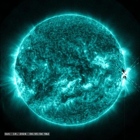 An_M6_5_flare_from_Active_Region_13854_-_October_19,_2024_(SVS5411_-_20241019_AR13854M65_AIA_0131A_PSF_stamped_000303_print).jpg