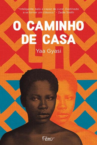 Capa do livro, texto em branco: 

"Inteligente, belo e capaz de curar. Destinado a se tornar um clássico." Zadie Smith

O CAMINHO DE CASA 

Yaa Gyasi

Editora Rocco

___

Imagem de uma mulher negra de cabelos raspados bem curtos, em sépia, olha o espectador com seriedade. Atrás dela a mesma imagem duplicada mas em laranja, aparecendo a partir do meio do rosto. O fundo mostra losangos azuis até a metade, contornados de laranja e losangos e grafismos vermelhos contornados de laranja na metade de cima, onde se encontra o texto.  Toda a imagem tem textura de linho, dando a impressão de serigrafia.