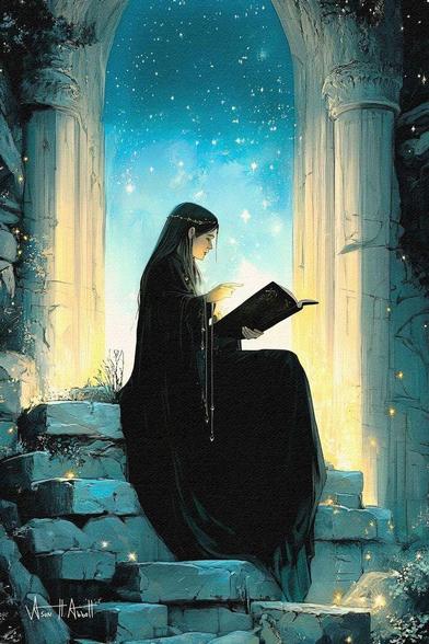 A fantasy illustration of a young sorceress in a dark robe reading a book between the columns of a ruined structure. Light emanates from behind her and above the book, centered on her pointing finger as she looks on in satisfaction.