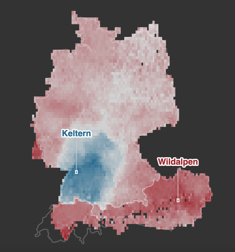 Deutschlandkarte mit meiner vermuteten Herkunft aus der Nähe von Keltern (BaWü)