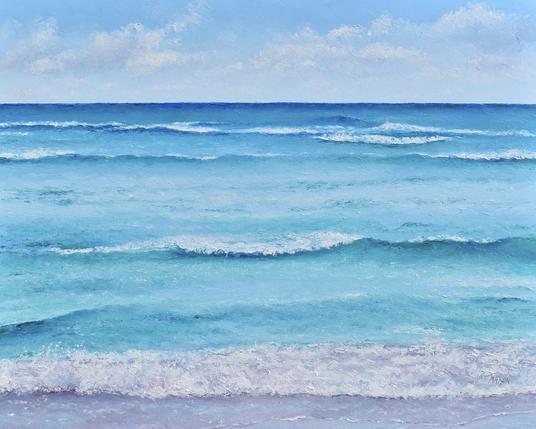 Seascape oil painting of the ocean in the early morning summer sunshine. The clouds are soft and fluffy and it promises to be a perfect day. The ocean is calm and brilliant sapphire blue.