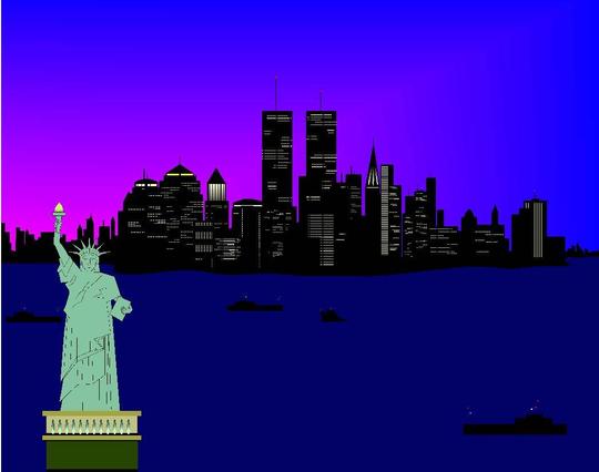 The skyline of New York City at night, with the Statue of Liberty lit up in the foreground. The Twin Towers dominate the background with tyrannical grandeur. Samantha has a sudden premonition, two ravaged steel and concrete husks, hunched over the harbor like a pair of broken spines. She shakes off the vision and ALT-TABs over to Minesweeper.