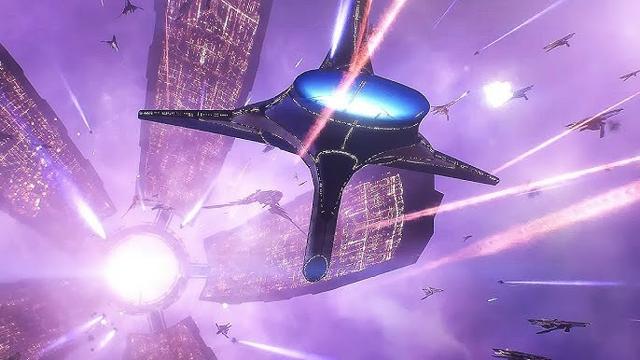 Screenshot aus dem Computerspiel Mass Effect. Es zeigt die Raumstation Citadel und die Allianzflotte in der Abwehrschlacht gegen die Reaper.