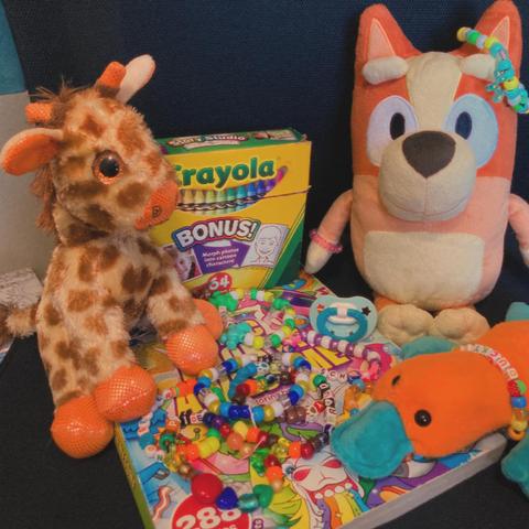 A photo of a coloring book, a box of Crayola crayons, assorted kandi bracelets, a blue baby binky, and three plushies (a giraffe, Ducky Jr. the beanie baby platypus, and Bingo from Bluey).
