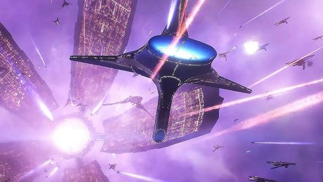 Screenshot aus dem Computerspiel Mass Effect. Es zeigt die Raumstation Citadel und die Allianzflotte in der Abwehrschlacht gegen die Reaper.