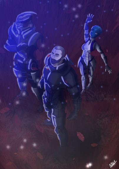 Nesta imaxe, tres personaxes con armaduras futuristas permanecen nunha contorna escura e etérea. Están iluminados por luces suaves en tons azuis, creando un efecto resplandecente ao seu redor. 

A figura central é o comandante Sheppard, cun emblema de N7 no peito, mira cara arriba cunha expresión pensativa. 

Á súa esquerda está Garrus Vakarian, cos brazos cruzados, transmitindo unha presenza estoica. 

Á dereita, Liara T'Soni levanta unha man, posiblemente acenando ou intentando alcanzar algo. 

O fondo está cheo de luces flotantes e follas caendo, engadindo un toque de calma e misterio. O estilo artístico é detallado e ten unha calidade suave e onírica.

Na esquina inferior dereita está a sinatura do autor, Adri (https://www.instagram.com/adri_blind.art/)