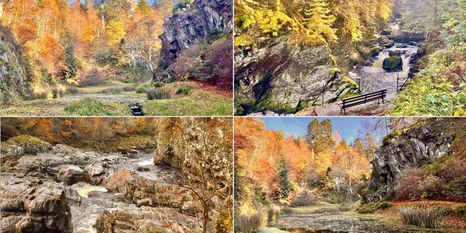 Four photo collage. Tumbling rivers and pools of water on a fine, sunny, autumn day. Trees bright, fiery, orange, bronze, yellow, red. Top left, bottom right:  calm dark water pool. Top right, bottom left: cascading dark water with white whirlpools falling over dark grey skies rocks.