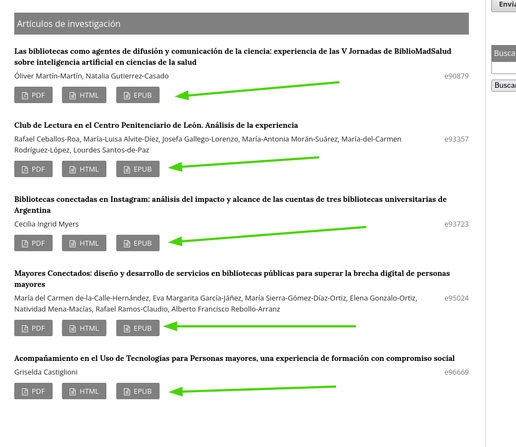 Se ve un listado de artículos de investigación en la emergente Revista RIBES. Hay flechas verdes que apuntan a los formatos PDF, HTML y EPUB. Los papers en sí son variables. Por ejemplo, el primero es: Las bibliotecas como agentes de difusión y comunicación de la ciencia: experiencia de las V Jornadas de BiblioMadSalud sobre inteligencia artificial en ciencias de la salud, por Óliver Martín-Martín, Natalia Gutierrez-Casado...