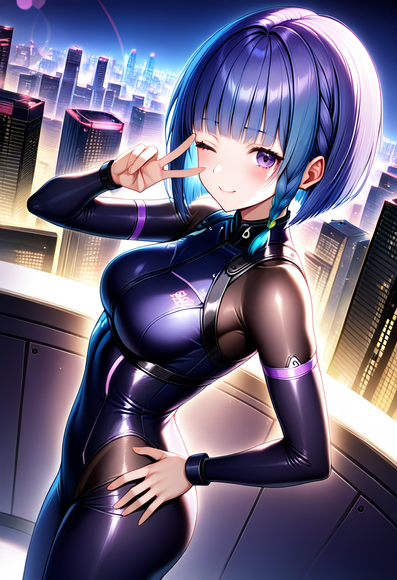 Quickly generated image, pretty low quality of an anime girl with blue hair giving a wink and peace sign wearing a black and purple bodysuit on top of a skyscraper.