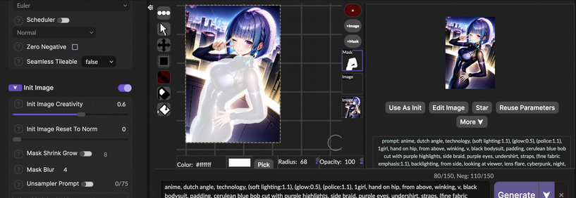 Screenshot of the user interface of SwarmUI with the bodysuit highlighted in the Mask layer, and Init Image configured.