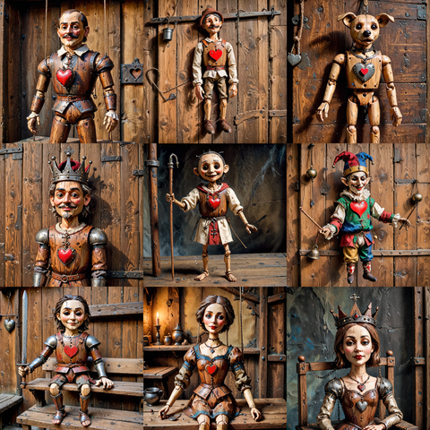 AI generierte Bilder von 9 Marionetten:

  * Der Ritter - Thenon
    * Active: Mini Knight
    * Passive: Lässt Tote wieder aufstehen)
  * Die Dame - Pata(Gas'Danir) - Tim
    * Active: Lässt Erinnerungen lebendig werden
    * Passive: Erinnerungen tauchen als Illusionen auf
    * wurde von Amystis gestohlen
  * Der König - Flügler - Sven
    * Active: Heilt alle Wunden und Krankheiten in einem Umkreis
    * Passive: Pestilenz und Wahn
  * Der Narr - Atiarel - Xeto
    * Active: Tiere in der Nähe werden zu ihrem bösartigen Gegenbild
    * Passive: Tierische Begleiter verhalten sich unnatürlich und aggresiv
  * Die Königin - Fraxut / Panoptikum - Sven
    * Active: Wechselt die Portaldimension und öffnet sofort ein Portal
    * Passive: Zufällige Portale in andere Dimensionen in der Nähe
  * Der Hund - Merid - Efka
    * Active: Spürt jede lebende Person auf die man sucht
    * Passive: Niemand um den Hund hat Hungergefühl
  * Der Baron - Gerions Kammer - Sven
    * Active:
    * Passive:
  * Der Majordomo - Das Haus der Puppen - Nadan
  * Der Bauer - Das Finale - Sven