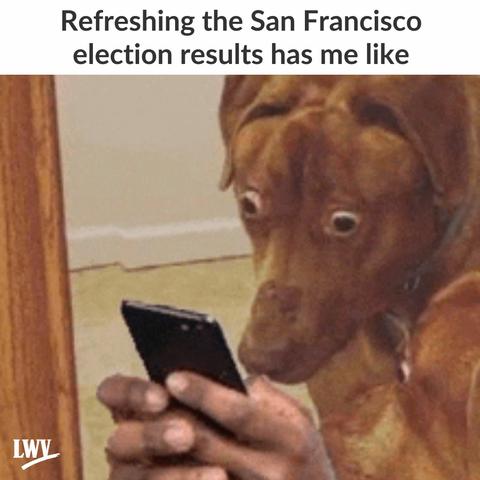 A meme of a dog looking a phone held by human hands. The text above says "Refreshing the San Francisco election results has me like.