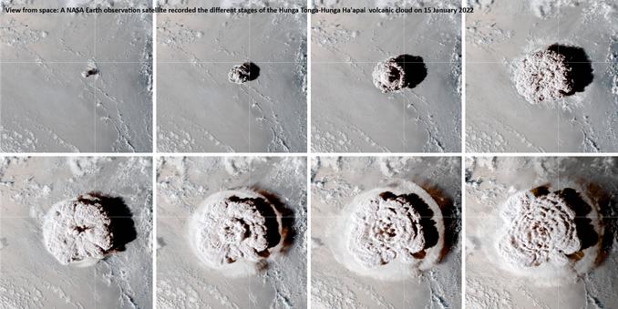 A NASA Earth observation satellite recorded the different stages of the volcanic cloud from the Hunga Tonga-Hunga Ha’apai (HTHH) volcanic eruption on 15 January 2022