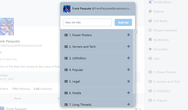 Picture showing the Mastodon UI for Lists