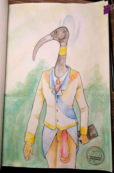 The egyptian God Thot in his Human+Ibis head form wearing a modern suit with colorings that resemble his clothes in ancient times. In one hand he holds a tablet. The suit is a light color with golden ornaments and blue markings. Over his trousers is part of an blue overskirt.