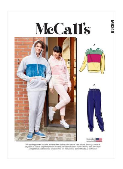 Packet cover for McCall's M8249 pattern, showing a man in a grey and blue sweatsuit and a woman in a light and dark pink sweatsuit.