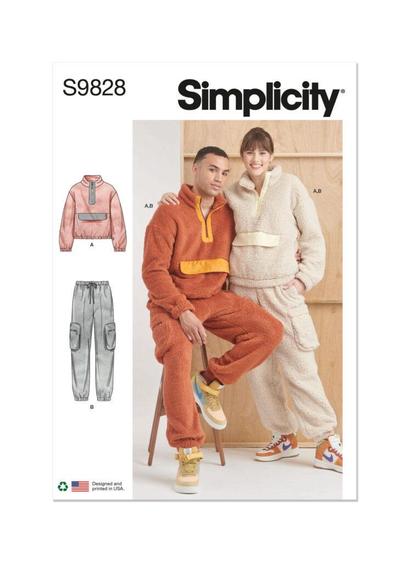 Packet cover for Simplicity's S9828 pattern, featuring a man in a tan and orange sweatsuit and a woman in a beige sweatsuit.