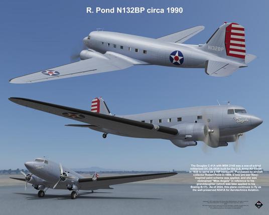 The subject of this digital composition is the Douglas DC-3 transport aircraft as it appeared in 1990 while flown by Robert Pond, identified as N132BP.  Artwork and texts Copyright (c) 2017-2024 Robert W. Heyen d/b/a dcthreepainter.  All rights reserved.  Depicted trademarks are the property of their respective owners.
