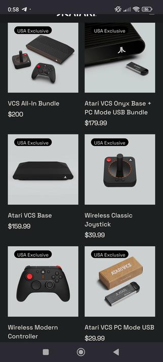 The shop page of the Atari store, showing the Atari VCS page, everything is marked "as USA Exclusive "
