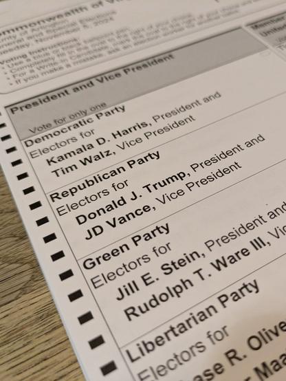 A photo of a 2024 Virginia ballot listing the Harris-Walz ticket first, then the Trump-Vance ticket, then the Green Party ticket of Jill Stein and Rudolph Ware (if you voted for that third choice, I'm sorry but you're a fucking idiot).