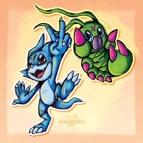 Doodles of Veemon doing a victory pose and Wormmon from Digimon Adventure 02