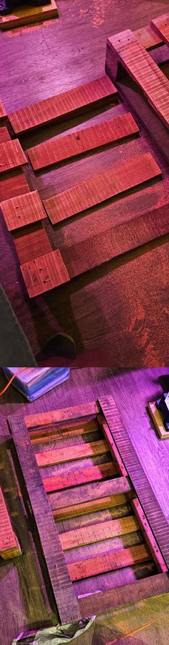 Two shots of the pallet, cut down to around 24 × 44". The remaining "waste" is cut down further to 4" wide to add to the larger piece.