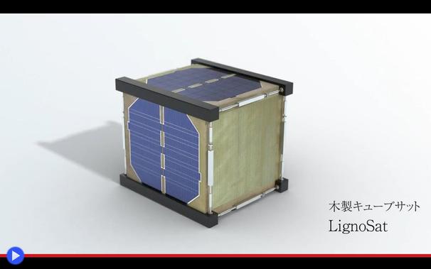 Rendering 3D su sfondo bianco di un cubo dall'aspetto tecnologico costruito principalmente in legno, rispettando le linee guida di un piccolo satellite orbitale. La doppia didascalia in inglese e giapponese riporta la dicitura "Lignosat-1".