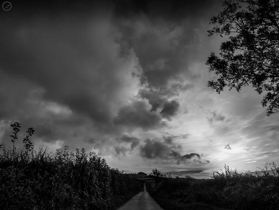 Monochrome shot of long straight country road between hedgerows and trees. Vast cloud filled sky above
