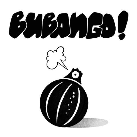 A black and white lettering piece and illustration depicting the word Bubango in all caps rendered in graffiti style with overlaping letters over a round object which is a mix between a bubango or Canarian zucchini and a graffiti spray can.