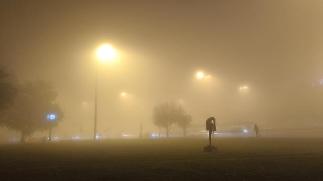 neblig verhangener Abend in Zagreb, gelbliches Licht,  Skulptur