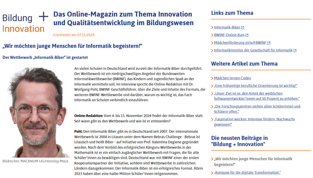 Ausschnitt des oben verlinkten Beitrags bei Bildung + Innovation mit Foto des Interviewpartners Wolfgang Pohl