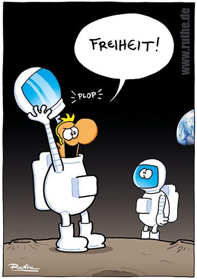 Auf dem Mond Ein Astronaut reißt sich den Helm vom Kopf und brüllt triumphierend: "Freiheit!"