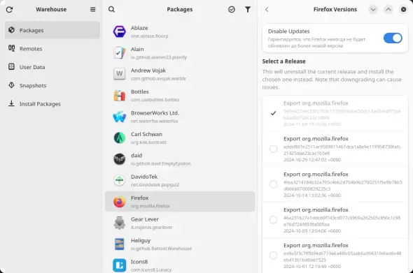 Warehouse. Changing the version of the Flatpak package and disabling the update