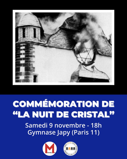 Affiche annonçant la commémoration de "la nuit de cristal" le samedi 9 novembre à 18h au gymnase Japy.