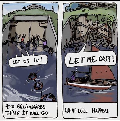 A two panel comic from Honora showing how billionaires think bunkers will go, vs the reality. Left panel: people asking to be let in during a flood. Right panel: people chilling on a boat sail past a mountain of e-waste and VR headsets marking the chained entrance of a bunker with the words "do not open". A deranged voice screams "let me out!".