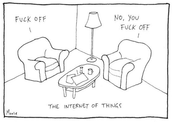 A cartoon depicts two armchairs facing each other with a coffee table in between. A lamp stands beside one chair. The chair on the left says "Fuck off" and the other chair replies "No, you fuck off."