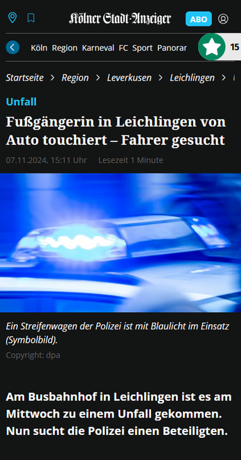 Fußgängerin in Leichlingen von Auto touchiert — Fahrer gesucht

Am Busbahnhof in Leichlingen ist es am Mittwoch zu einem Unfall gekommen. Nun sucht die Polizei einen Beteiligten.