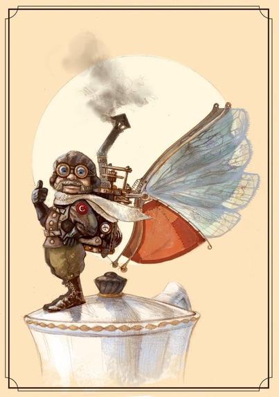 standing atop a porcelain sugar bowl, a steampunk gnome wearing early 1900s aviator gear anda backpack contraption with butterfly wings and a smoking stovepipe, gestures upward