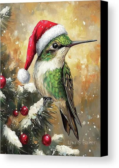A canvas print of a cute little hummingbird sitting on a branch from a Christmas tree. The hummingbird is wearing a tiny Santa hat. Art by Lisa S Baker.